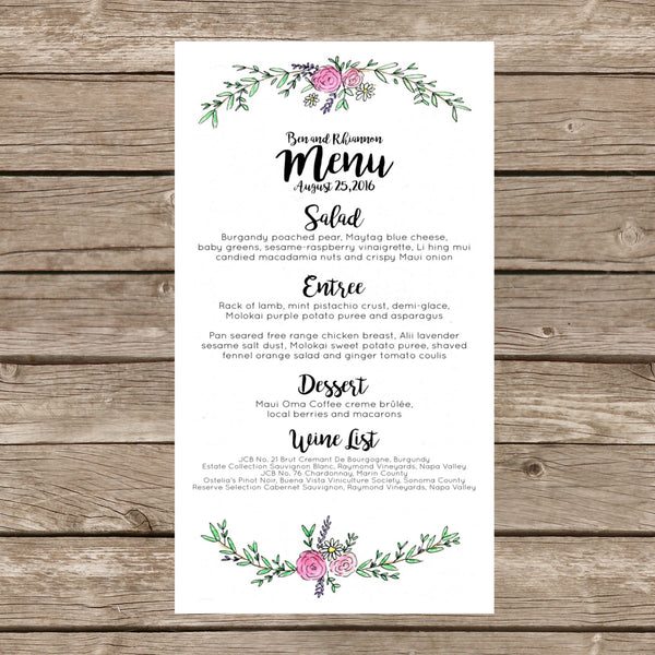 Wildflower Semi-Custom Wedding Menu.